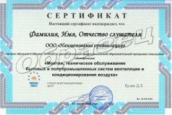 Образец сертификата по программе ДПО - Сервис и техническое обслуживание систем вентиляции и кондиционирования воздуха